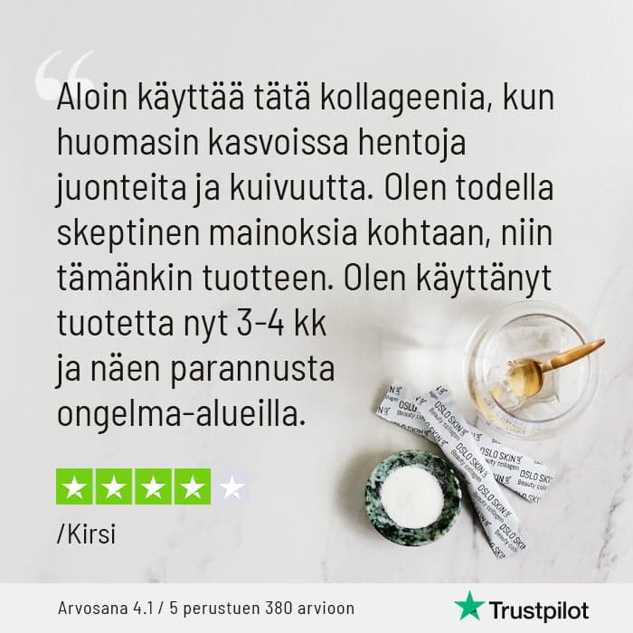 Kirsi: "Aloin käyttää kollageenia, kun huomasin kasvoissa hentoja juonteita ja kuivuutta. Olen todella skeptinen mainoksia kohtaan, niin tämänkin tuotteen. Olen käyttänyt tuotetta nyt 3-4 kk  ja näen parannuksia ongelma-alueilla."